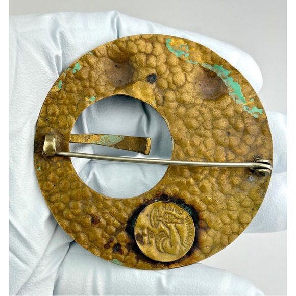 Antique JHP Arts & Crafts Hand Wrought Hammered Bronze Tiger Patina Brooch Pin X - Picture 6 of 8